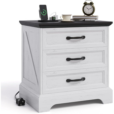 Wood Nightstand, Modern Farmhouse Bedside Table with Charging Station & 3 Drawers, Rustic Storage Cabinet for Bedroom, Living Room, or Small Space, White, 24 Inches Wide