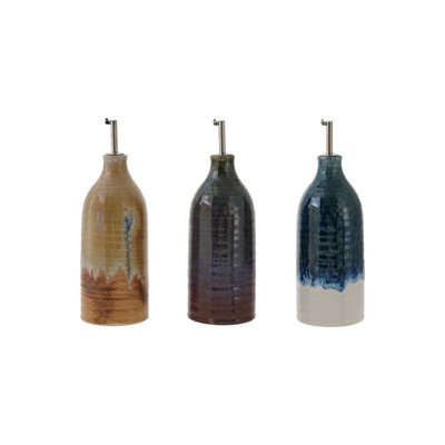 3-Piece Stoneware Oil Cruets With Stainless Steel Spout In Reactive Glaze