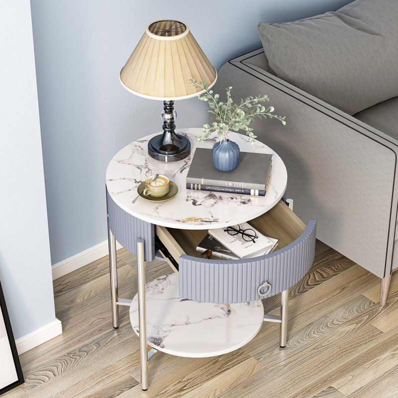 Table de bout avec rangement Woodville, Chrome chrome, Blanc / Gris