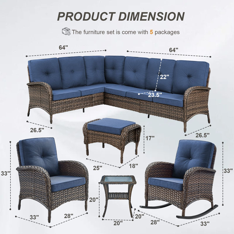Valierius L-Shaped Outdoor Sectional Sofa Set With Rocking Chairs & Side Table, Blue