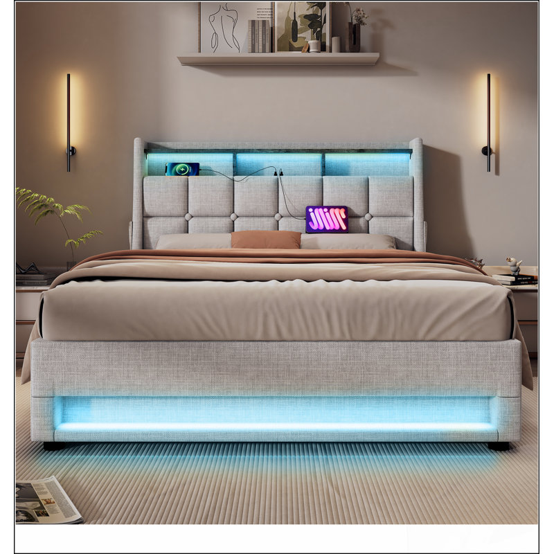 Upholstered Platform bed with a Hydraulic Storage System, LED and USB Charging, Natural, Queen