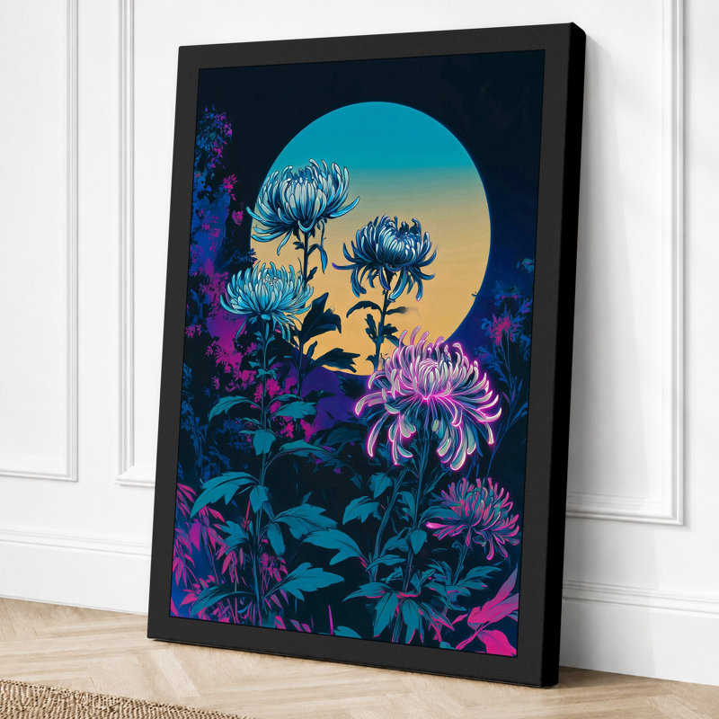 Moon Through Botanical Window Modern 1 Piece Wrapped Canvas Wall Art, 24x16 - 61.0 x 40.6 cm, Black Border