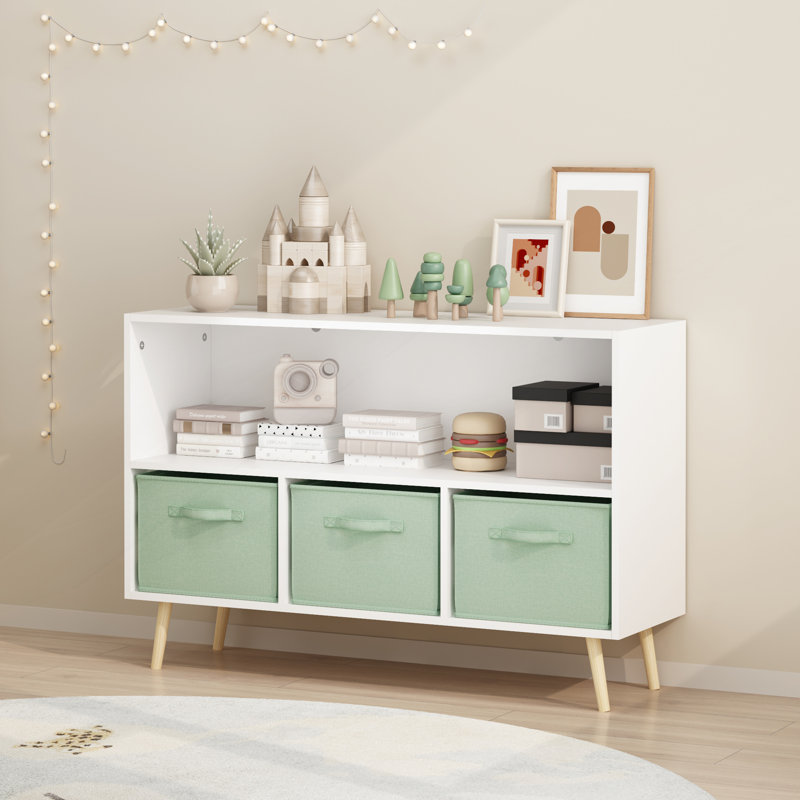 Bookcase with Collapsible Fabric Drawers, Toy Storage Cabinet, White+Green