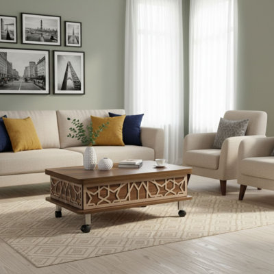 Table basse moderne en noyer avec pieds en métal, 35,4 x 15,7 x 23,6 pouces | Panneau aggloméré 100% mélamine, dimensions ajustables | Conception ouverte avec pieds roulants, élégante et fonctionnelle pour le salon ou le bureau