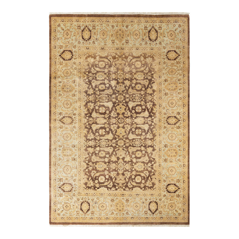 Tapis unique noué à la main brun / jaune / ivoire Triandos Mogul 6 pi 1 po x 9 pi 1 po