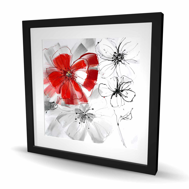 Fleurs rouges et grises - impression contemporaine encadrée, H 24 po x l 24 po