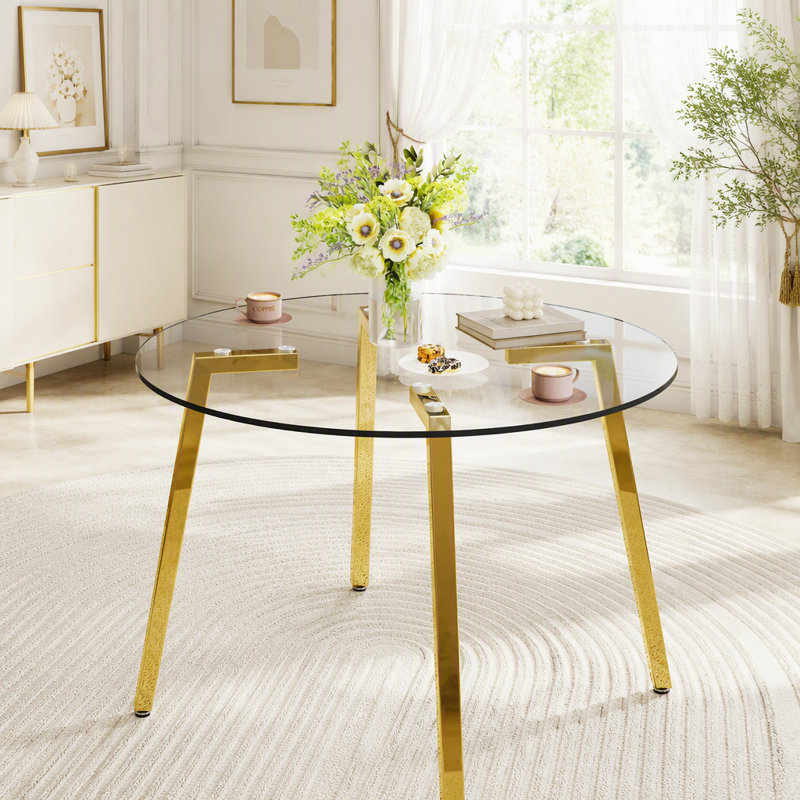 Table circulaire moderne en verre trempé avec pieds en métal doré