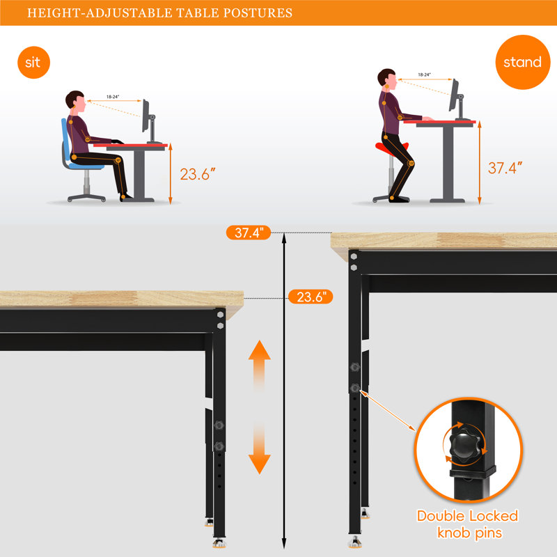 Solid Wood Top Height-Adjustable Workbench, 37" H x 60" W x 24" D