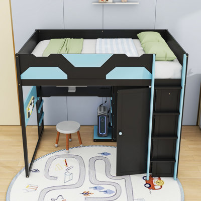 Full Wood Loft Bed With Adjustable Desk, Wardrobe, Charging Station And RGB LED Lighting