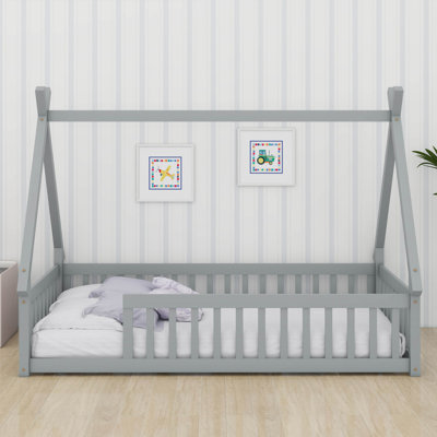 Lit de plancher pour enfants, lits de tente tipi de taille simple, lit de plancher avec lattes et rails de clôture