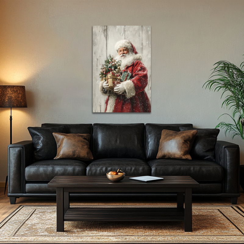 Grand art mural de Noël encadré - décoration murale de père Noël, impressions de Noël rétro, œuvre d'art festive pour le mur du salon et de la chambre à coucher, peinture de Noël enveloppée, cadre en pin, 28 po x 40 po