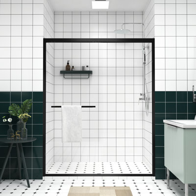 56 - 60"X74" Double Sliding Shower Door With Black Hardware, Chamfer Edged Glass, Reversible Installation, Handle For Bathroom As Towel Rail