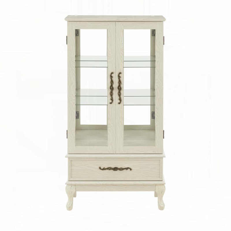 Armoire vitrine vitrée avec tablettes réglables en verre 2 portes et 1 tiroir, Blanc antique