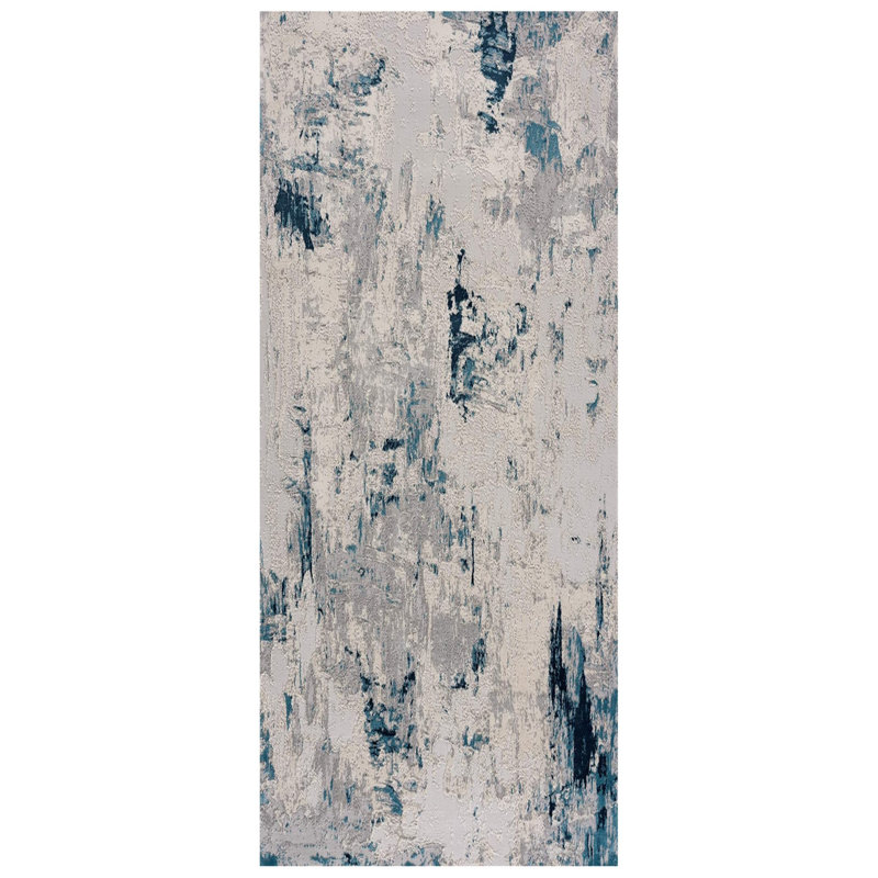 Tapis à motif abstrait bleu et ivoire 3 pi x 5 pi, Rectangle 2 pi x 8 pi