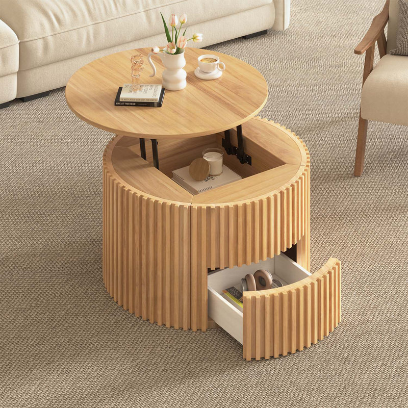 Table basse ronde à plateau relevable, Marron clair