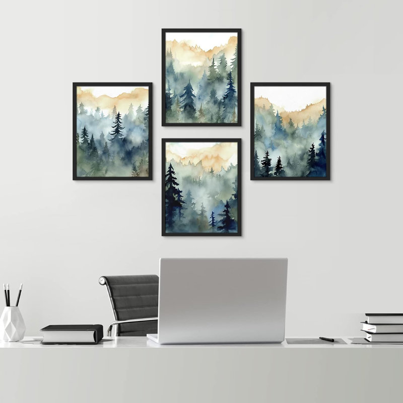 «Watercolor Pine Tree Forest Mountain», ensemble de 4 reproductions géométriques abstraites encadrées, impression sur papier, 4 pièces