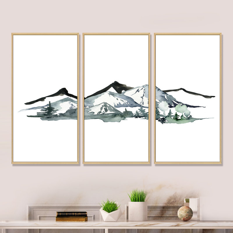 «Minimalistic Winter Mountains And Fir Forest I», peinture sur toile 3 pièces, H 28 po x l 36 po, Brun