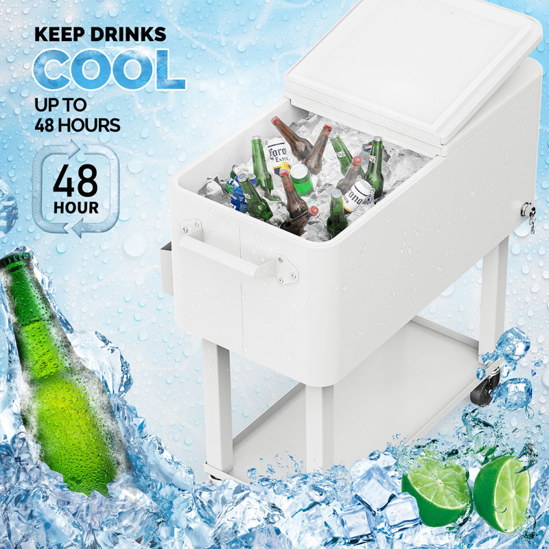 80QT Patio Rolling Ice Chest Cooler Cart With Bar Drink Cooler Beverage Cart With Shelf For Party, White