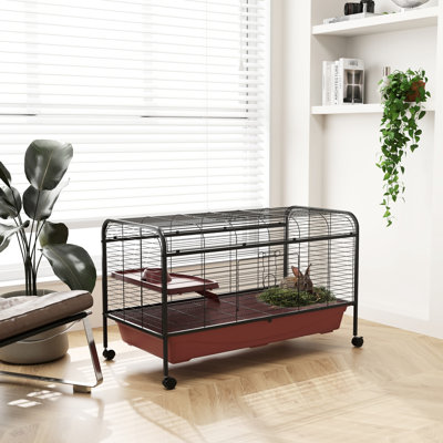 48" L Small Animal Hideaway - Rabbit & Ferret Play House With Feeder, Wheels, Platform, Ramp Pet Sanctuary Red/Black