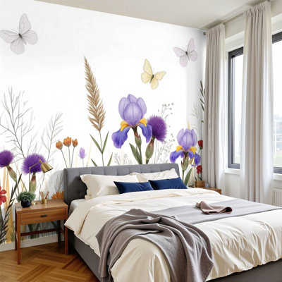 Papier peint pelez et collez, chardons mauves, fleurs sauvages, papillons des prés, H 100 po x l 144 po, papier mural amovible en PVC, autocollant, pour chambre à coucher, bureau à domicile