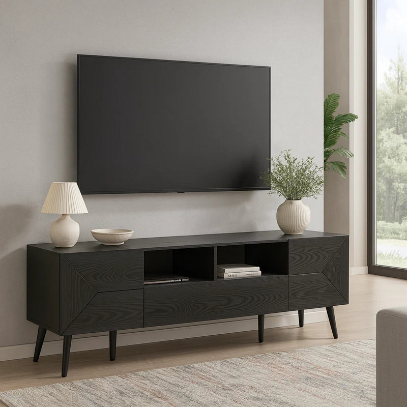 TV Stand With Drawer, two cabinet and open storage, Black