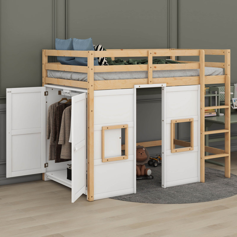 Jasibe Wood Twin Size Loft Bed with Built-in Storage Wardrobe and 2 Windows, White