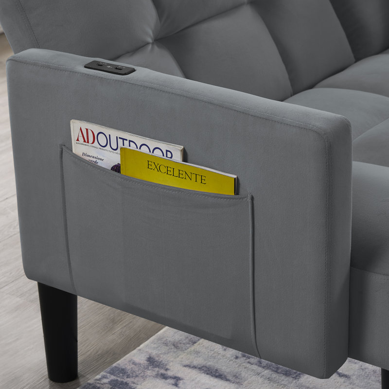 Velvet Futon Couch Convertible, Gris