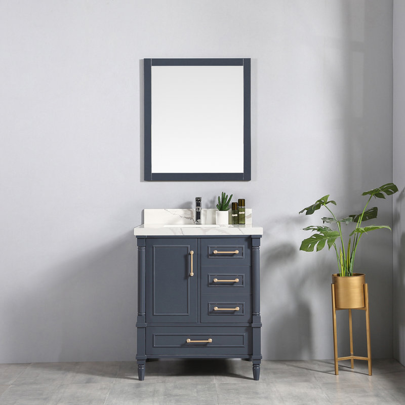 Ensemble de meuble-lavabo simple 30 po Muldoon, Calacatta, Bleu marine hâlé, Doré