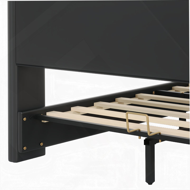 Cadre de lit tapissier grand en cuir, cadre de lit moderne avec tête de lit à oreilles, lit plateforme tapissier avec pied de lit ondulé, sans sommier, noir