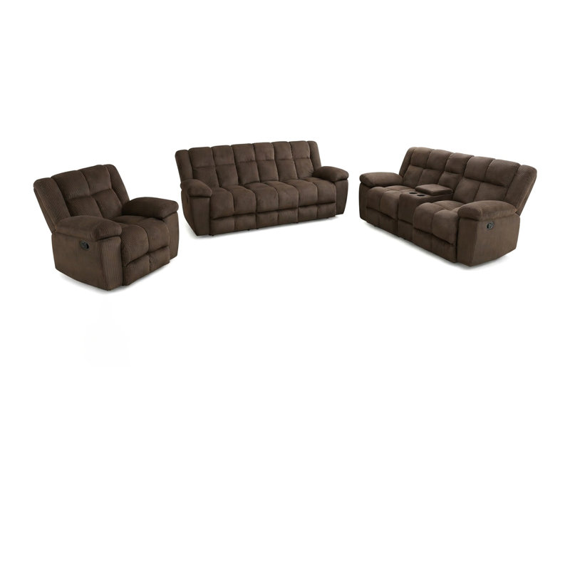 Ensemble de canapés inclinables en tissu brun à rayures 3 pièces, meubles de salon intelligents avec dossier réglable, porte-gobelets et rangement, canapé confortable en velours côtelé pour le cinéma maison