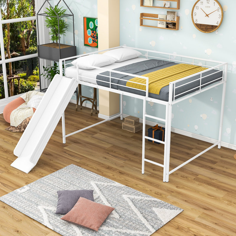 Full over Full Size Metal Bunk Bed with Interchangeable Slide and Guardrail, White