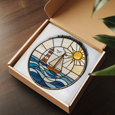 Stained Glass Lighthouse Sailboat Sun Ocean Wave Stained Glass Panels Suncatcher for Window Decor
