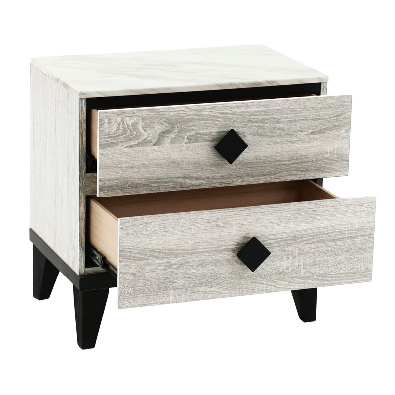 Brown Rustic Accents Oak Nightstand With Faux Marble Top, 23X15x23 Inches Creamy Charms And Marble,
