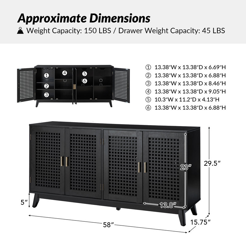 Modern Berenika 58" Wide Sideboard with Latticework Doors, Black