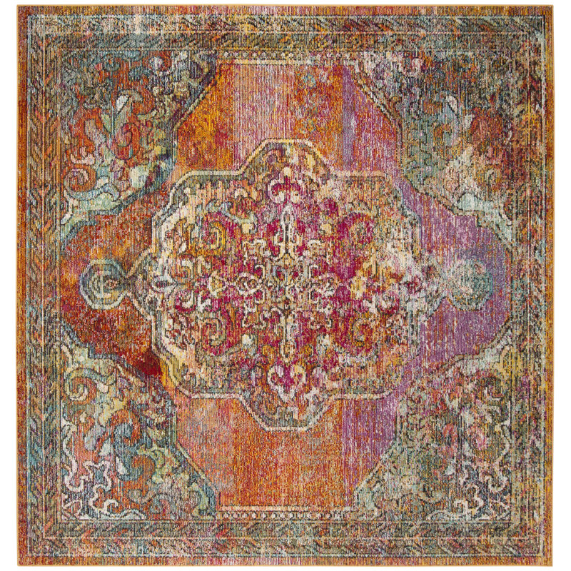 Tapis à motif oriental orange / bleu clair Jara, Carré 5 pi