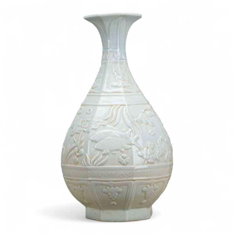 Carved Octagonal Porcelain Vase with Lotus and Fish Motif Celadon Glaze
