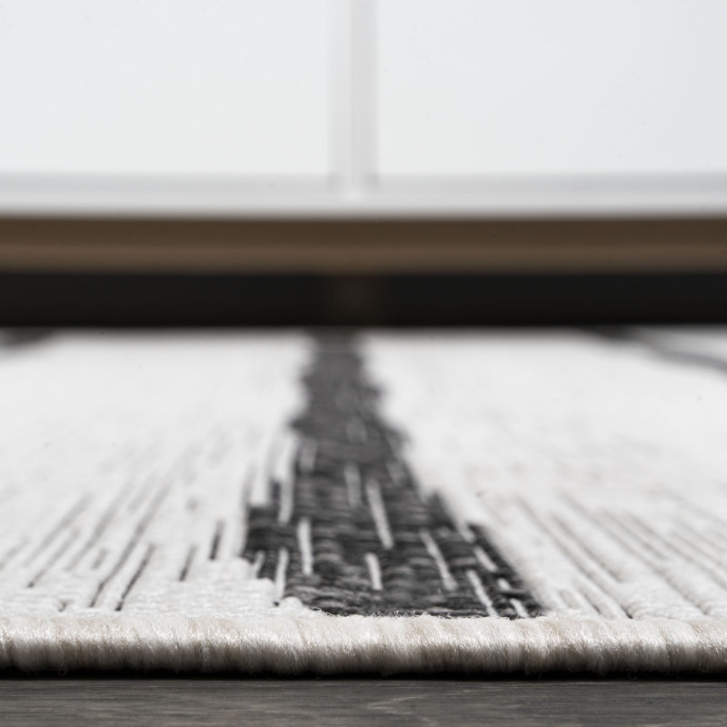 Tapis ivoire / noir intérieur / extérieur à rayures berbères Sieghard, Rectangle 10 pi x 14 pi