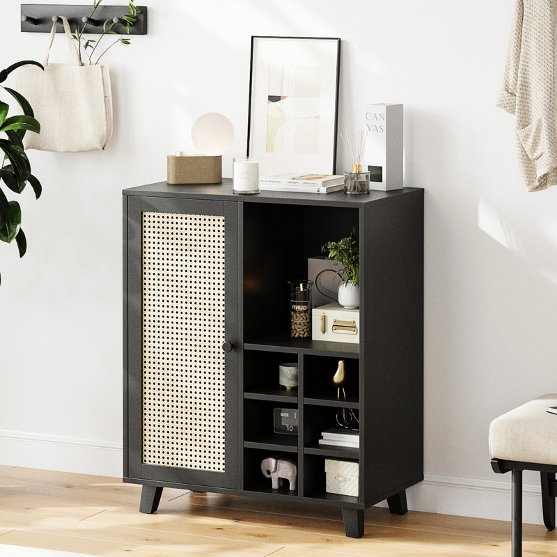 Buffet noir avec 6 tablettes à vin et ouvertes, 34 pouces pour l'organisation à la maison, 27,5 po de largeur, 33,15 po de hauteur, un grand plateau de rangement, une cuisine ou un vestibule, 14,59 de profondeur,
