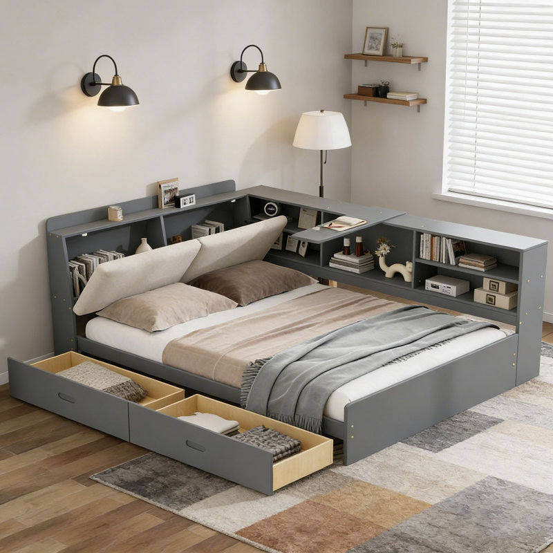 Wood Twin Size platform bed with Storage Headboard, Gray, Full