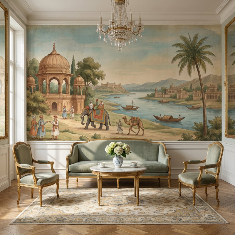 Adhésif mural paysage et paysage rétro, 160 po x 108 po, Peler et coller