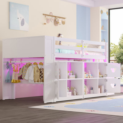 LIT DE LIT DOUBLE DE TAILLE BASSE AVEC TABLETTES, TÊTE DE RANGEMENT ET escalier de couleur blanche