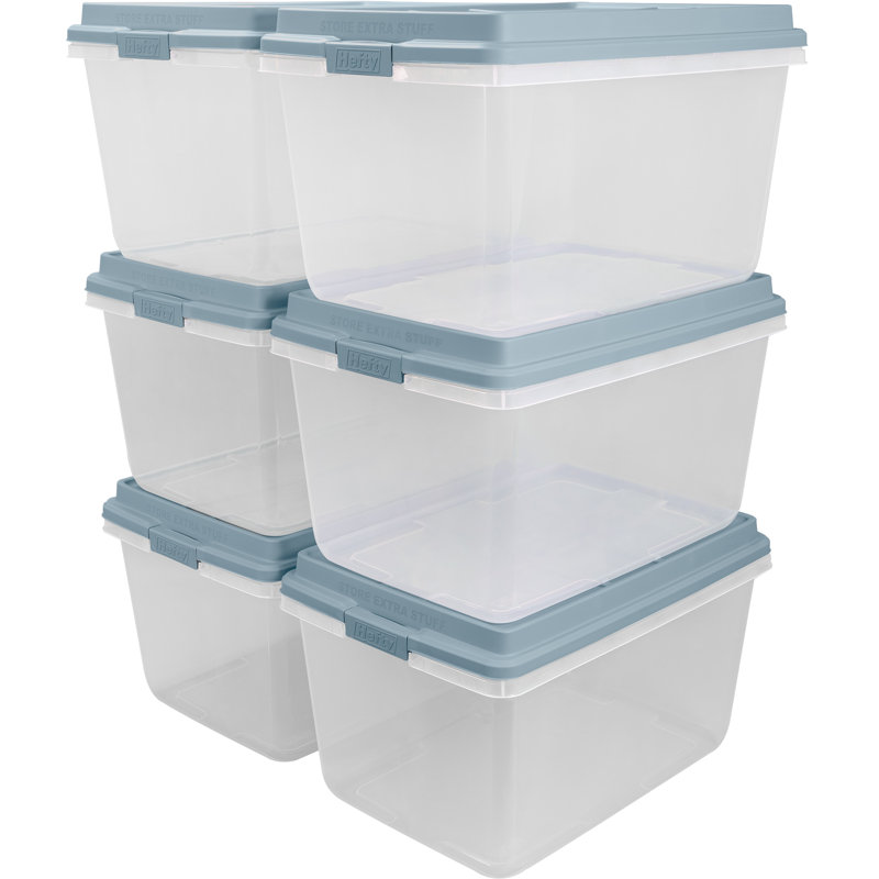 Hefty HI-RISE 72-Qt, 6-Pack Plastic Storage Bins with Lids, Smoke Bule, Smoke Blue, 24.5" H x 16.5" W x 24" D