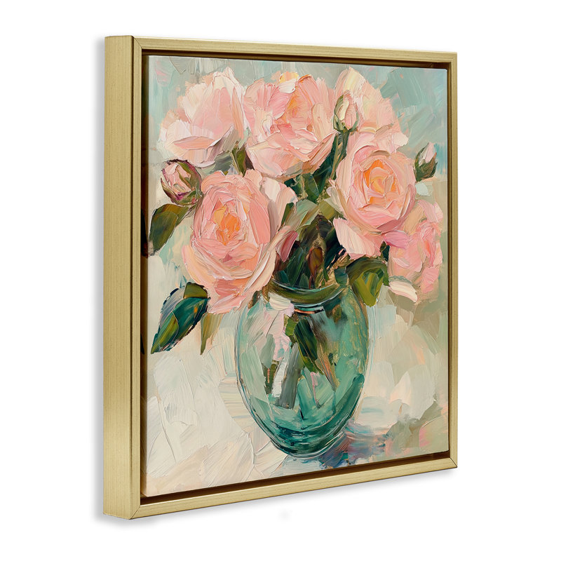 Roses roses dans un cadre flottant dans un vase vert, design par Gina Kelly, H 18 po x l 18 po