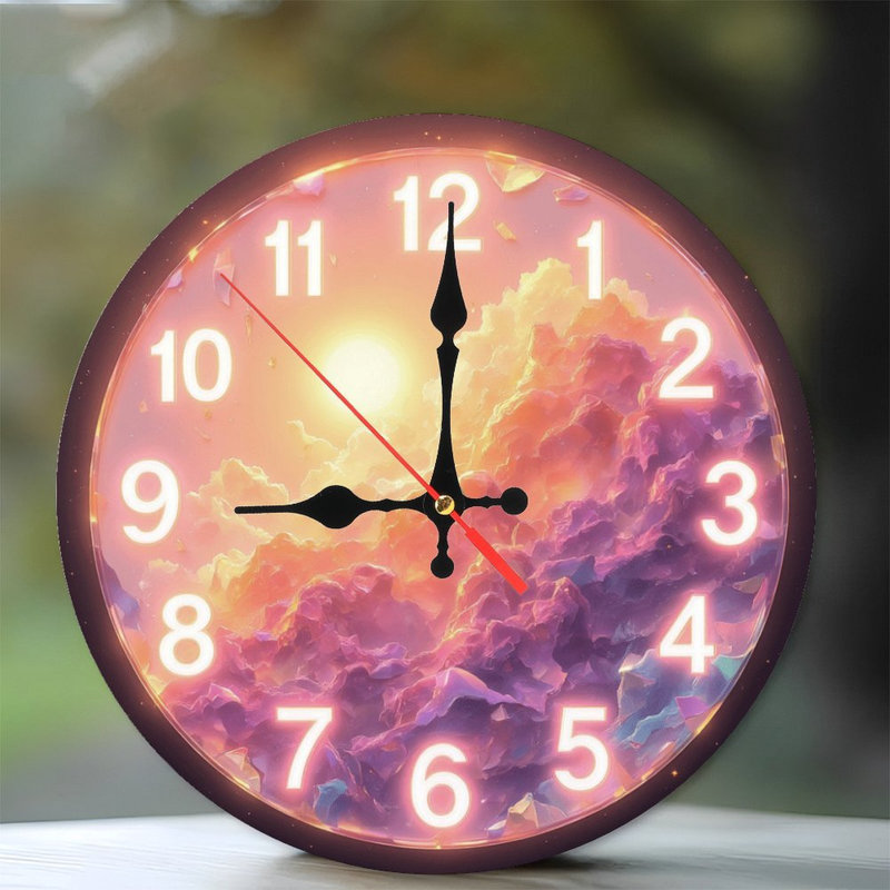 Fantaisie, horloge, chiffres lumineux, coucher de soleil