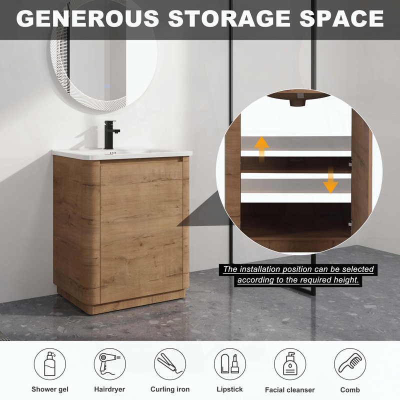 Meuble-lavabo autoportant de 28 pouces avec lavabo en céramique blanche et porte à fermeture en douceur, 27.94"W