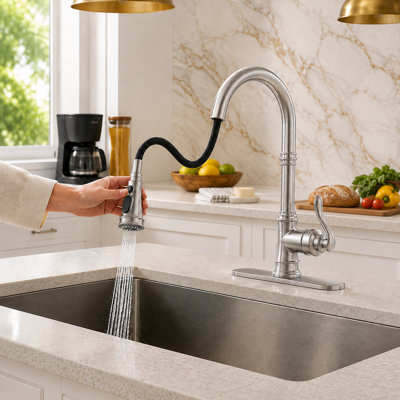 Pull‑Down High‑Arc Single‑Handle Kitchen Sink Faucet with 3‑Function Spray Head and 10‑Inch Deck Plate, Modern Kitchen Faucet,Brushed Nickel