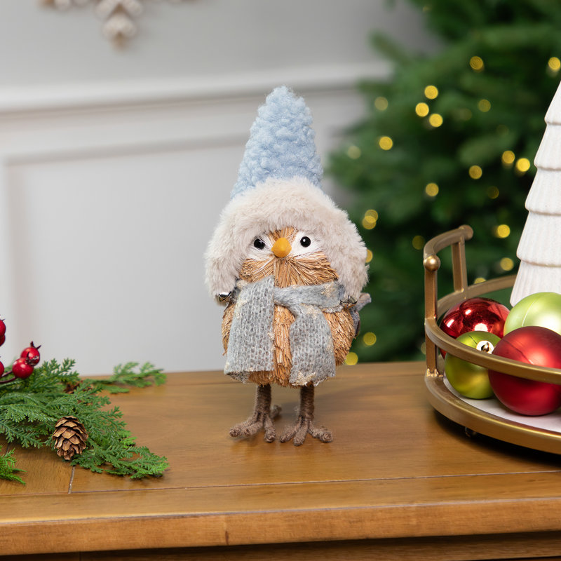 Woodland Standing Bird With Plush Winter Hat Christmas Figure - 7.5"
