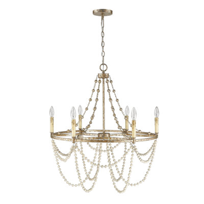 Lustre circulaire délavé à 6 lumières en feuille d'argent et perles en bois