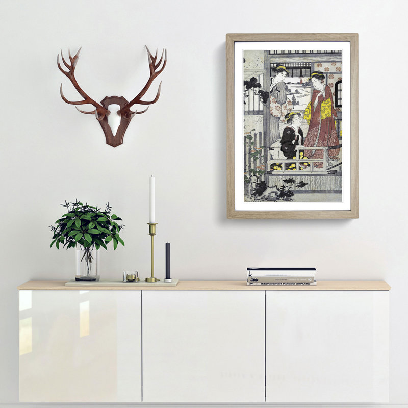 Three Women on a Veranda by Chobunsai Eishi - Picture Frame Painting Print, 36cm H x 27cm W x 2cm D, Oak Framed