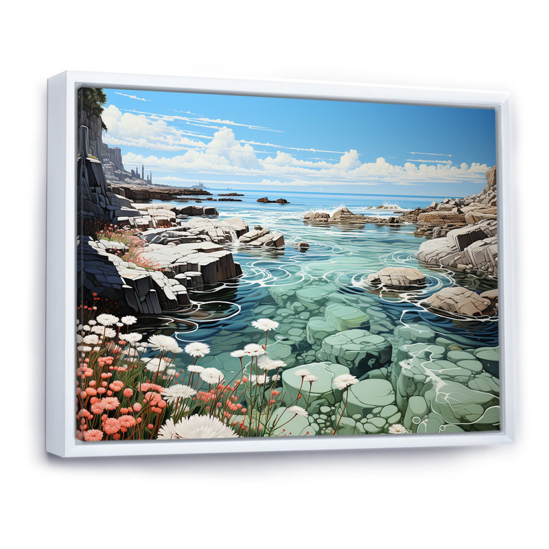 Paysage de plage sauvage III sur toile, Cadre flottant blanc, H 30 po x l 40 po x P 1,5 po